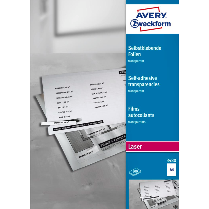 Przezroczyste folie samoprzylepne 3480 A4 100ark powlekane, grubość 0,14 mm, Avery Zweckform