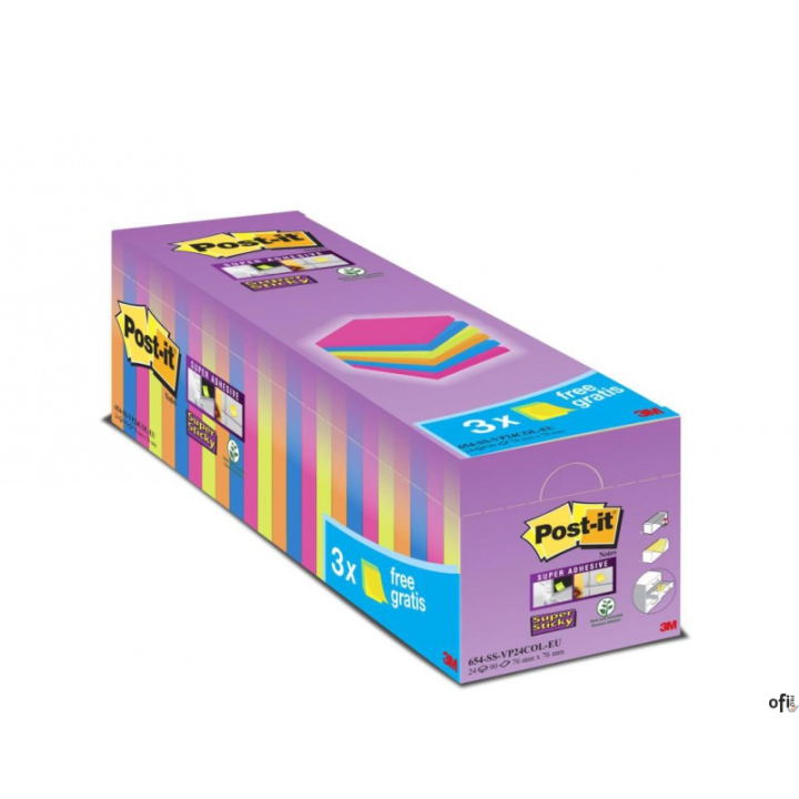 Karteczki Samoprzylepne Post-it_ Super Sticky _21 bloczków + 3 GRATIS, każdy po 90 kolorowych karteczek 76x76mm_654-SS-VP24COL 3