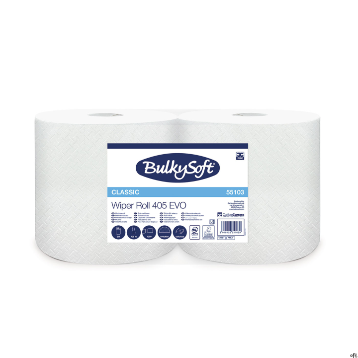 Czyściwo papierowe BulkySoft Classic, 2 warstwy, kolor biały, celuloza, długość 405m. 2 rolki/op.Numer artykułu: 55103BULKYSOFT 
