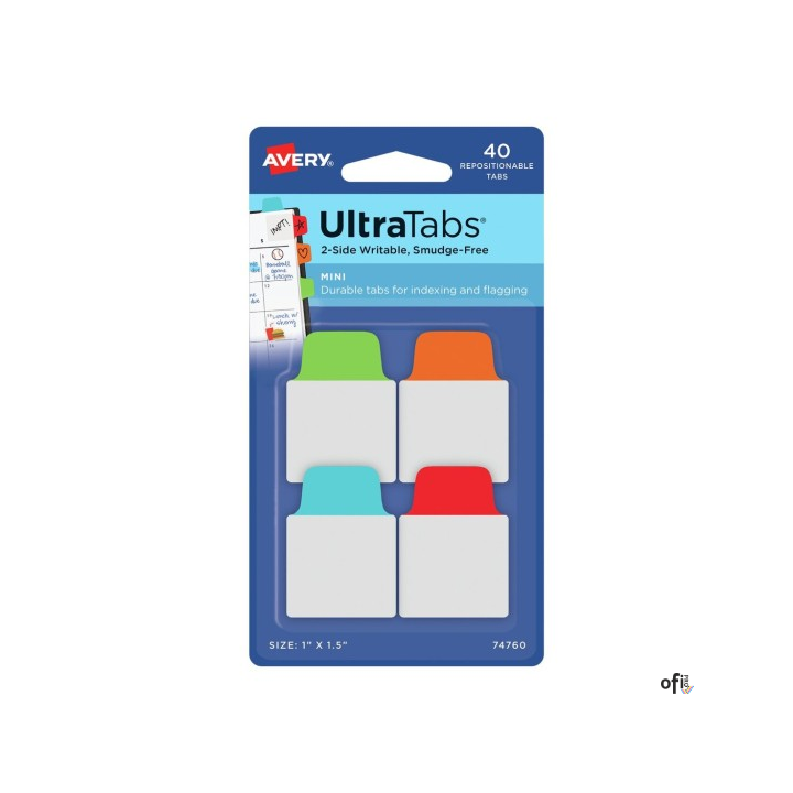 Ultra Tabs - samoprzylepne zakładki indeksujące, kolorowe, klasyczne, 25,4x38, 40 szt., Avery Zweckform 74760