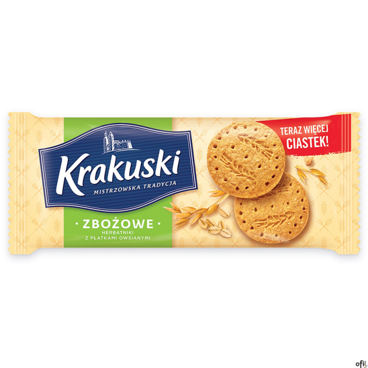 - Pyszne ciasteczka wypiekane z mąki pełnoziarnistej oraz płatków owsianych - bogate źródło błonnika- Jednostka sprzedaży 1 opak