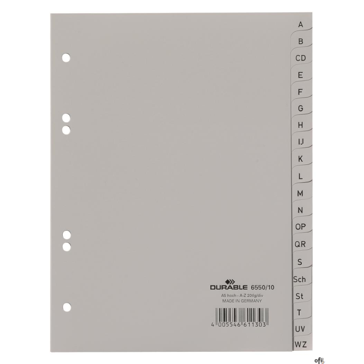 Przekładki A5 A-Z PP szare 6550 DURABLE