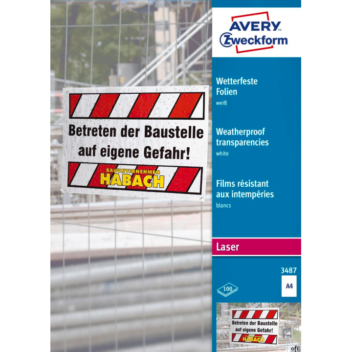 Folie do użytku zewnętrznego 3487 A4 100ark Białe, powlekane, grubość 0,12 mm, Avery Zweckform